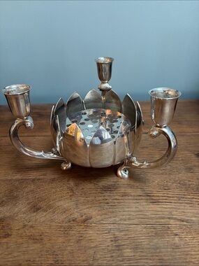 VTG Reed & Barton Silver Plated Lotus 3-Arm Candle & Flower Frog Centerpiece